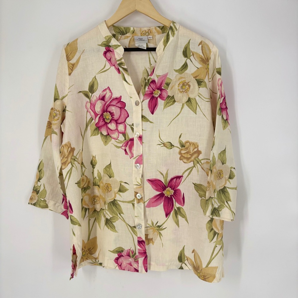 Hot Cotton Women Large 100% Linen Floral Button Up Blouse 3/4 Sleeve Made in USA
